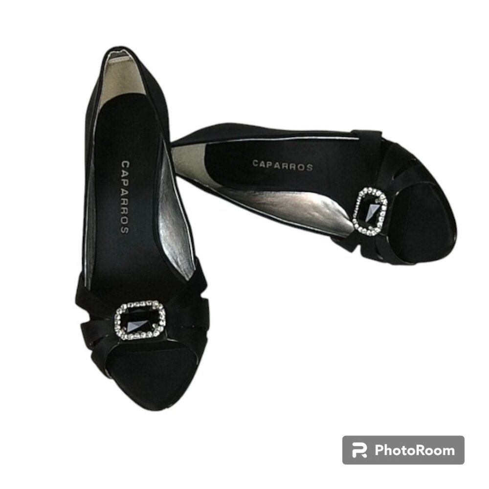 Caparros Black Satin Strappy Open Toe Black Onyx Rhinestone Jeweled Vamp Heel